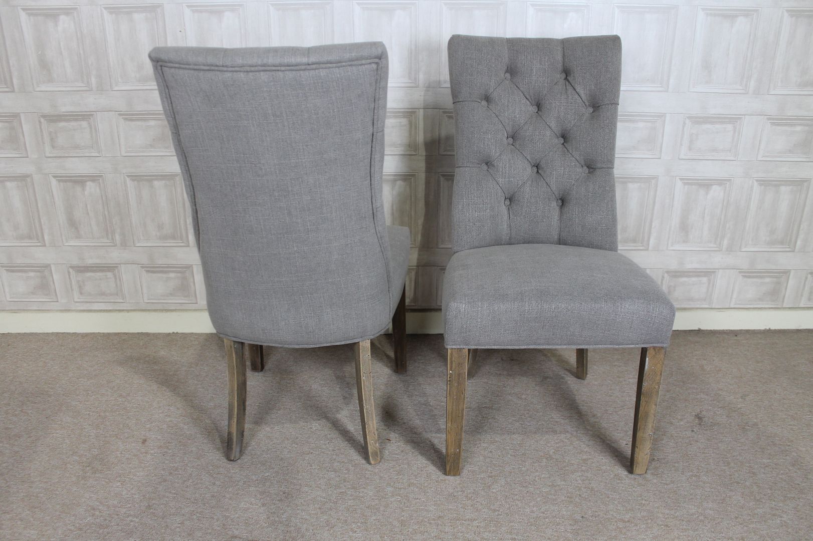 FRENCH STYLE UPHOLSTERED DINING CHAIR IN STONE WITH BUTTON BACK AND